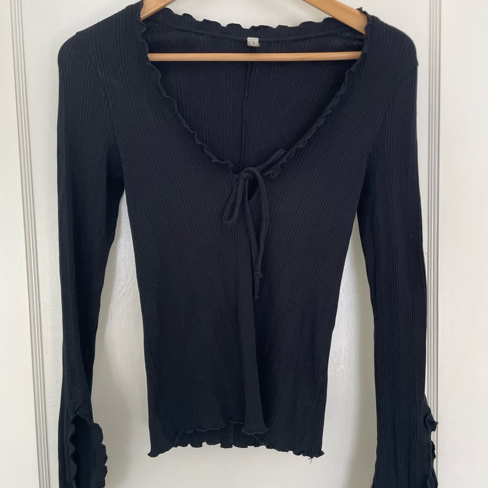 Free People Black Ribbed Tie-Front Blouse